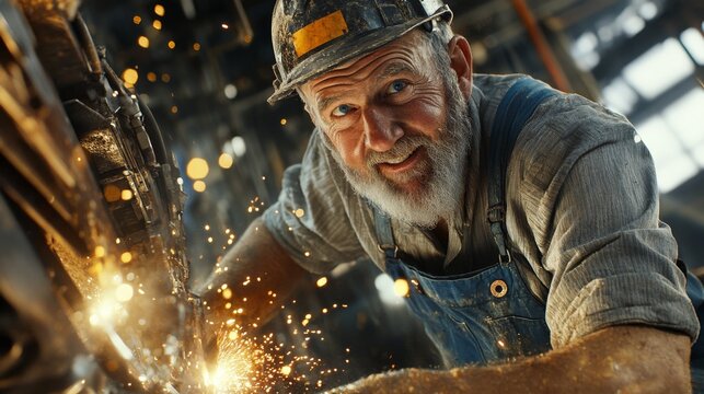 An old worker in overalls and a helmet with glasses, working on an angle grinder and electric chainsaw at a large modern factory.