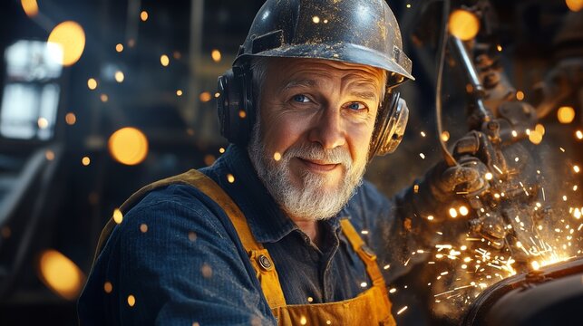 An old worker in overalls and a helmet with glasses, working on an angle grinder and electric chainsaw at a large modern factory.
