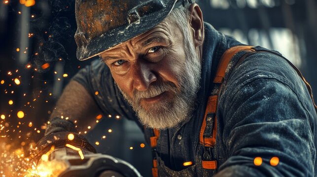 An old worker in overalls and a helmet with glasses, working on an angle grinder and electric chainsaw at a large modern factory.