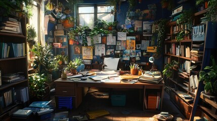 A cluttered and cozy home office with a large window, wooden desk, bookshelves filled with books, and a wall covered in papers and artwork.