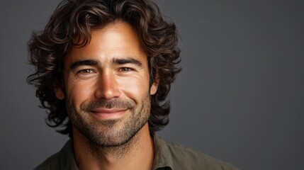Obraz premium Portrait of a man with thick, full hair and soft smile, looking confidently at the camera on gray backdrop