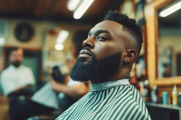 An african american man getting hair cut at a barbershop.