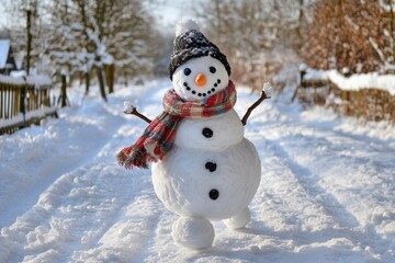 A happy snowman running in a winter landscape.