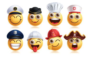 Emoji professional emoticon characters vector set. Emojis career 3d character like chef, nurse, police, engineer, fireman, pirate and doctor in round face elements collection. Vector illustration 