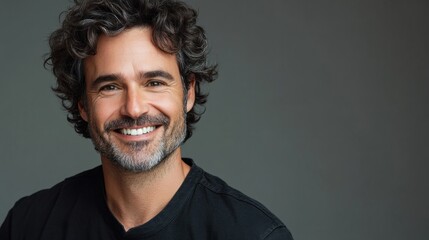 Fototapeta premium Portrait of a man with voluminous curly hair, smiling confidently on a neutral gray background
