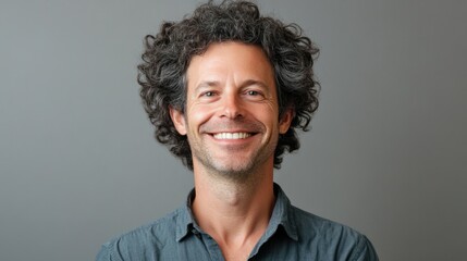 Obraz premium Portrait of a man with voluminous curly hair, smiling confidently on a neutral gray background