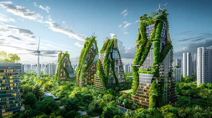 Green energy solutions in a future city with solar panels and wind turbines integrated into skyscrapers