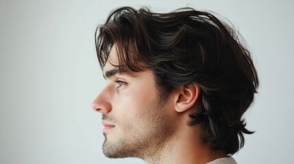 Side profile of a man with thick, voluminous hair, looking away thoughtfully on a plain white background
