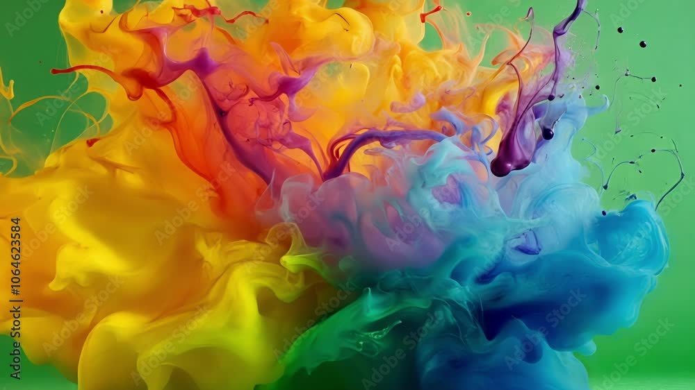 Poster colorful ink bursts against a green screen, creating a dynamic and abstract image with fluid movemen