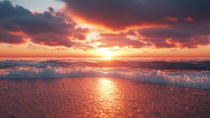 Fototapeta premium Golden Sunset Over Ocean Waves and Sandy Beach