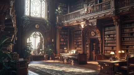 Obraz premium A grand, wood-paneled library with tall bookshelves, a balcony, and a large window letting in warm sunlight.