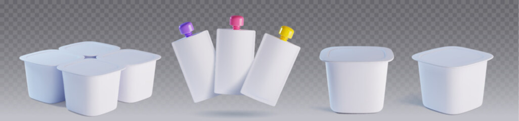 White plastic yogurt package mockup on transparent background. Realistic 3d vector set of food container - cup and tube for dairy product or jam. Blank template of closed milk dessert package.