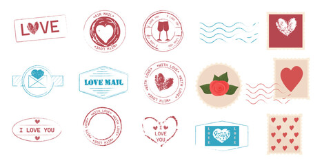 Set Love stamp, romantic mail, postage. Retro Valentine, wedding grunge print. Textured post card decoration. Heart stamp.