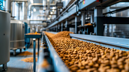 Highangle shot of a pet food factory with machinery and storage bins filled with dry kibble
