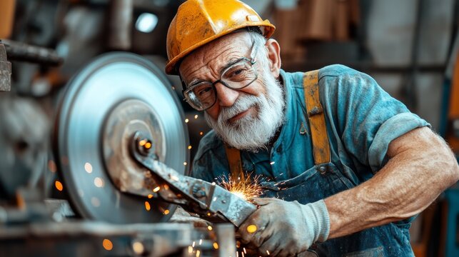 An old worker in overalls and a helmet with glasses, working on an angle grinder at a large modern factory.