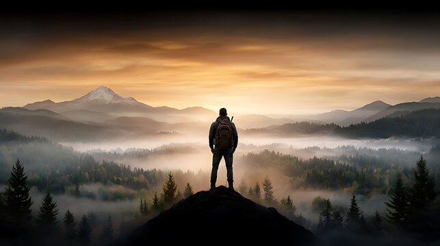 A person standing at a mountain peak at sunrise, looking out over vast landscapes, embracing the sense of a new beginning, Ultra-Realistic, Photo Realistic, highly detailed, 
