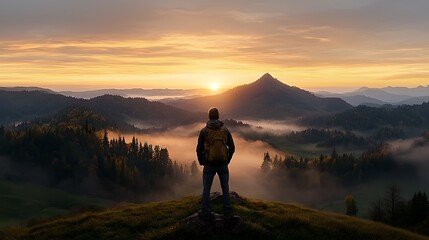 Obraz premium A person standing on a mountain peak at sunrise, looking back at the path they climbed, feeling empowered by past challenges, serene sky filled with warm colors, symbolizing resilience and growth, 