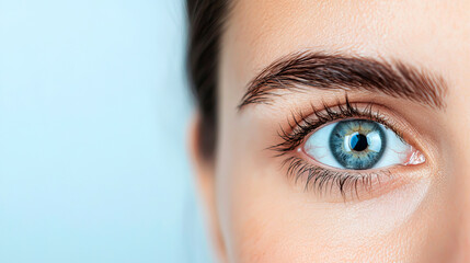 A close-up of an eye showcasing vibrant blue irises, detailed eyelashes, and skin texture against a soft, light background.