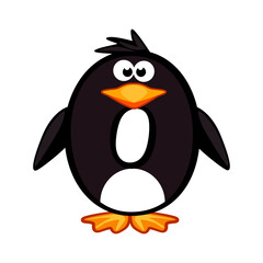 Cartoon number 0 like penguin, figure Zero or letter O. Cartoon of number with a animal concept. Calligraphy, lettering, typography for your Education cards or game