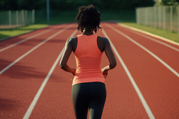 Obraz premium A runner in a bright tank top jogs on a red athletic track, emphasizing fitness and determination.