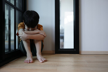 A sad young boy sat in the corner crying and covering her face with her hands. The concept of child...