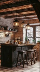 Cozy Rustic Kitchen with Exposed Beams and Rich Details