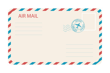 Air mail envelope with spriped border, stamp and mark. Retro Vintage postage card. Blank template with stamp. Airmail frame
