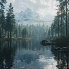 Naklejka premium A tranquil lake reflects a majestic snow-capped mountain peak, shrouded in a soft morning mist. The scene is framed by tall evergreens on either side, creating a sense of peaceful solitude.