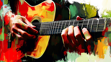A close-up of a person playing an acoustic guitar with their fingers, painted in a bright abstract style.