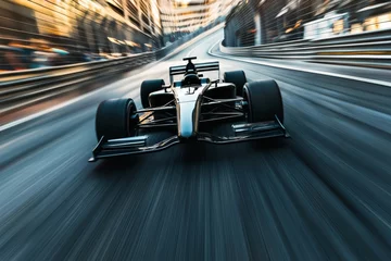 Gordijnen Formula 1 car speeding around a bend on a city track. © Bargais