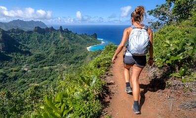Naklejka premium A hiker explores a scenic trail with ocean views, surrounded by lush greenery and mountains under a clear blue sky.