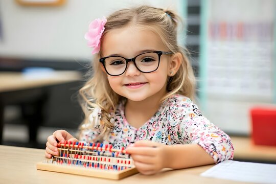 A cheerful young girl with glasses smiles while using an abacus in a classroom setting, showcasing a love for learning and creativity.