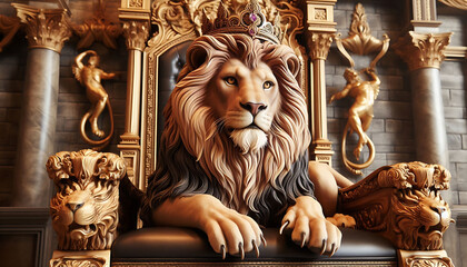 Royal lion sitting on a throne, closeup. Generative AI