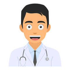 Vector illustration of a young doctor smiling, wearing a doctor’s uniform with a stethoscope draped around the neck, isolated on a white background, avatar design