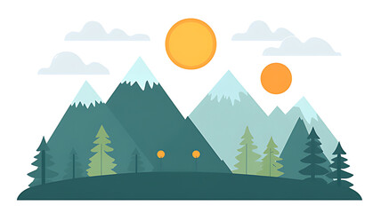Simple illustration of a mountain range with a double sun and pine trees in the foreground.