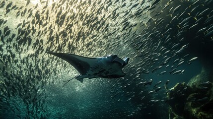 A manta ray swims through a school of fish, illuminated by a shaft of sunlight.
