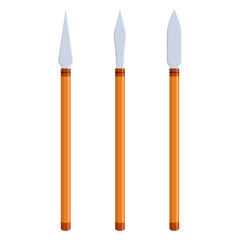 Three spears with differently shaped tips. The spears are standing with wood as the handle, isolated on a white background. Vector illustration