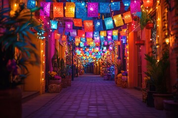 A narrow, cobblestone street in a brightly lit Mexican town at night, decorated with colorful papel picado flags and lights.