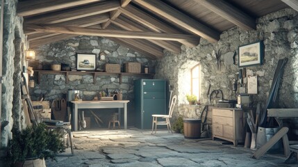 A rustic stone-walled room with wooden beams, a window, and a workbench filled with tools and other items.