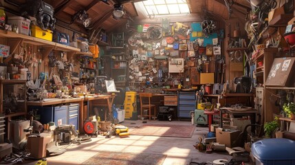 A cluttered and well-worn workshop with various tools and materials, sunlight shining through a skylight.