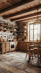 Fototapeta premium Rustic Kitchen Interior with Vintage Decor and Stone Floor