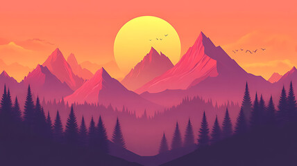 A vibrant sunset over a mountain range with silhouetted trees in the foreground.