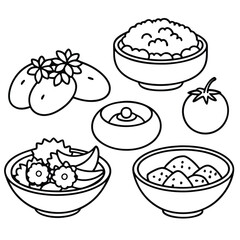 Collection of Vegetarian Dish Line Art on White Background for Healthy Food Projects 