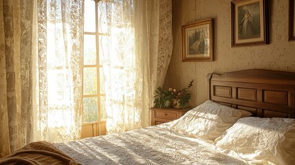 Fototapeta premium Vintage Style Bedroom with Intricate Lace Curtains