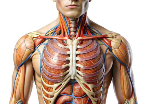 High-Resolution Transparent Human Chest Anatomy Illustration PNG – Muscular, Skeletal, and Vascular Systems.