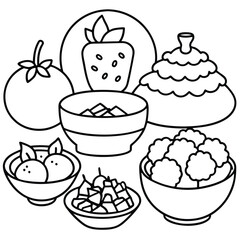 Collection of Vegetarian Dish Line Art on White Background for Healthy Food Projects 