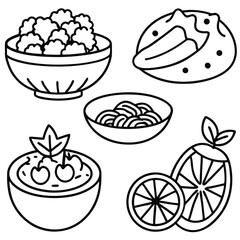 Collection of Vegetarian Dish Line Art on White Background for Healthy Food Projects 