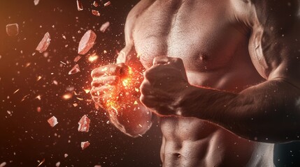A muscular figure shatters stone, emanating energy, symbolizing strength and power in a dynamic, dramatic scene.