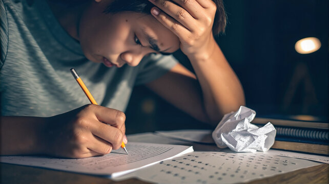 Stressed student studying with crumpled paper

