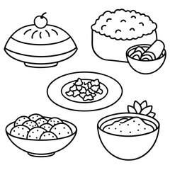 Collection of Vegetarian Dish Line Art on White Background for Healthy Food Projects 